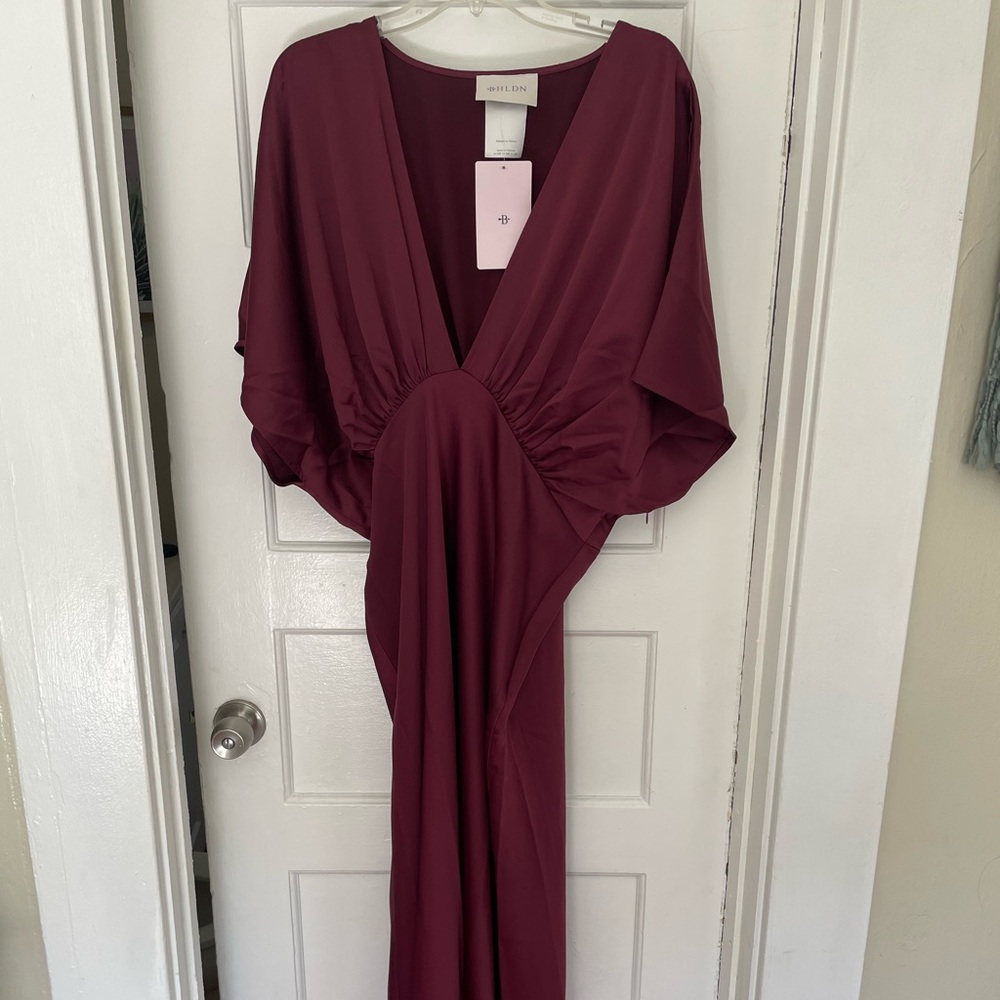 Anthropologie BHLDN Leila Deep-V Flutter-Sleeve Satin A-Line Gown in dark berry